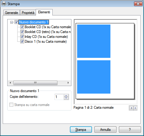 Stampa del documento Nella scheda Elementi sono disponibili le seguenti opzioni di configurazione: Finestra Stampa, Scheda Elementi Campo di immissione Copie dell'elemento Casella di controllo Stampa