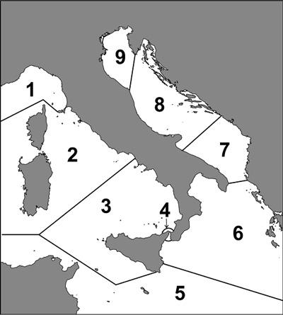 Fig. 3 - Aree biogeografiche in cui sono suddivisi i mari italiani (da: S.I.B.M., 2008, www.sibm.it). La zona di studio è situata nell area biogeografia n. 9 - Alto Adriatico.