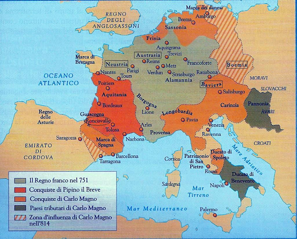I domini di Carlo Magno Oggi siamo propensi a scartare l ipotesi che nel Natale dell 800 sia stato fondato un impero. (P. Guglielmotti) Da una parte il papa prese atto della forza della corona franca.