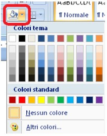 Bordi, sfondi e Wordart Applicare uno sfondo a un testo Selezionare il testo a cui vogliamo applicare uno sfondo Fare clic sulla freccia sul pulsante Sfondo: compare una tavolozza con i colori per