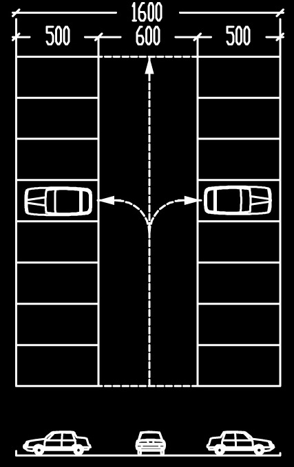 Spazi necessari per la sosta Stalli perpendicolari alla corsia - 1 Questa configurazione è l unica che consente la circolazione e l accesso in entrambi i sensi di marcia ed è