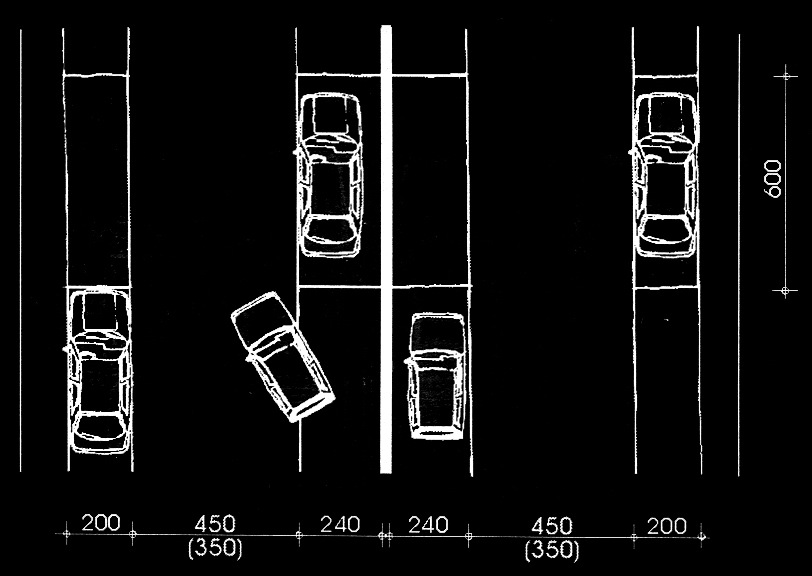 Spazi necessari per la sosta Stalli paralleli alla corsia - 1 La disposizione in senso parallelo alla corsia è meno frequente in quanto necessita di più spazio relativo.
