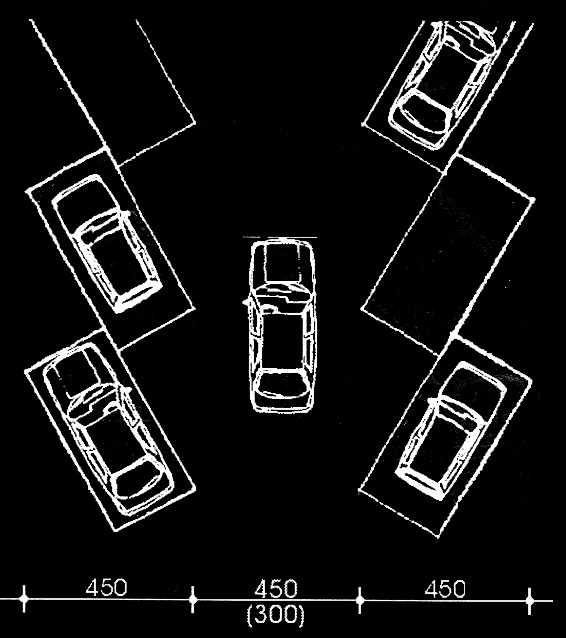 Spazi necessari per la sosta Stalli inclinati rispetto alla corsia - 1 Esistono tre principali stalli di tipo inclinato: 30, 45 e 60.