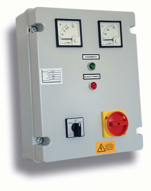 AVVIATORI DIRETTI MONOFASE single-phase direct starters CL cassetta in PVC, IP 55, dimensioni 390x310x130 interruttore blocco porta con fusibili condensatore di marcia contattore e relé termico