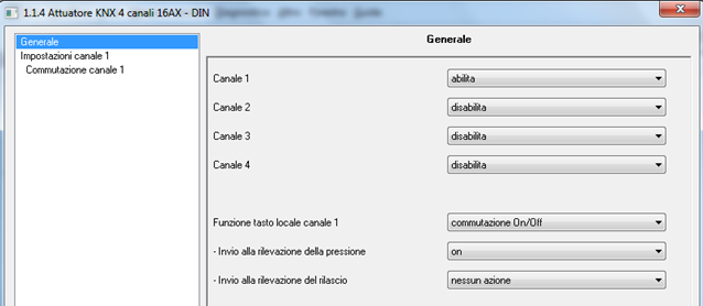 3 Menù Generale Nel menu Generale sono presenti i soli parametri che permettono di abilitare e configurare i parametri di funzionamento di ognuno dei 4 canali di attuazione.