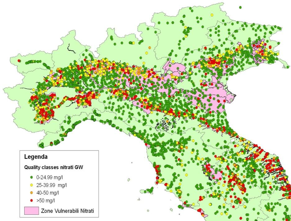 Valore max NO3 (%) 18,5 6,99 superiore a > 50 mg/l tra 40 e 50 mg/l Figura 10 Distribuzione percentuale siti di monitoraggio acque sotterranee per classi di qualità della concentrazione massima di