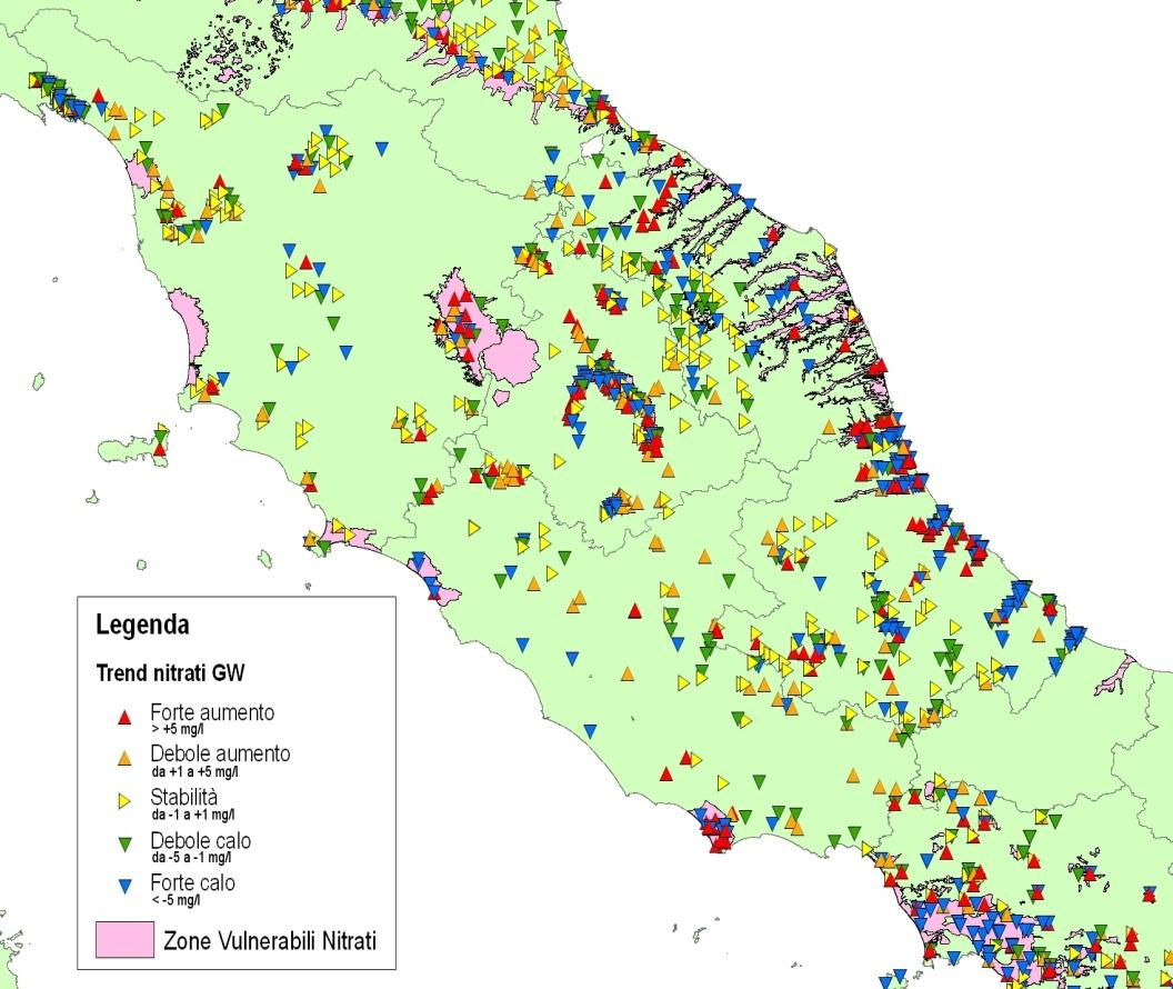 Figura 26 Tendenze dei valori massimi di concentrazione dei nitrati nei siti di monitoraggio delle acque sotterranee tra il quadriennio 2004-2007 ed il periodo corrente 2008-2011 Nord Italia