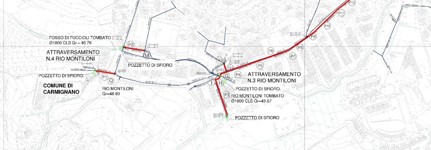 Estensione rete fognaria Poggio a Caiano Planimetria 3/3 Dati Tecnici Condotte principali Rete in pressione PEAD Ø 250 L=570 m Rete a gravità PVC Ø 400 L=350 m Condotta di raccordo con rete