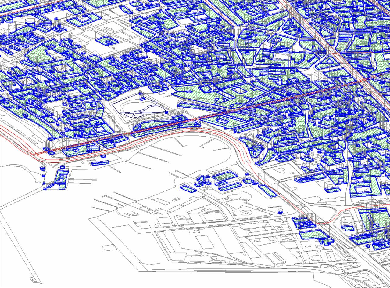 Figura 1 Vista 3D del DTM e degli edifici.