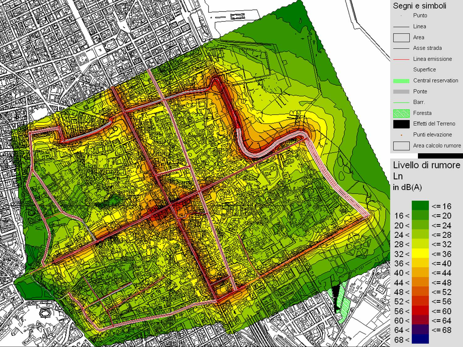 Figura 2 Mappa dei Livelli Notturni (Lnight) di Rumore da Traffico Veicolare.