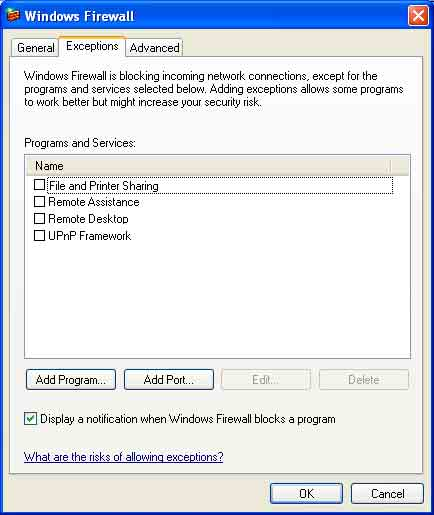 Disattivazione di Windows Firewall 4 Fare clic su Add Program. 1 Selezionare Control Panel dal menu Start di Windows. 2 Selezionare Security Center dalla finestra attiva.