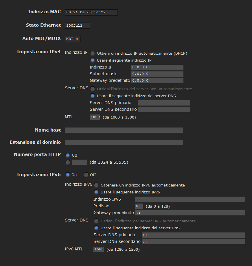 Configurazione della rete Menu Rete Facendo clic su Rete nel menu Amministratore apparirà il menu Rete. Usare questo menu per configurare la rete per collegare la telecamera e il computer.