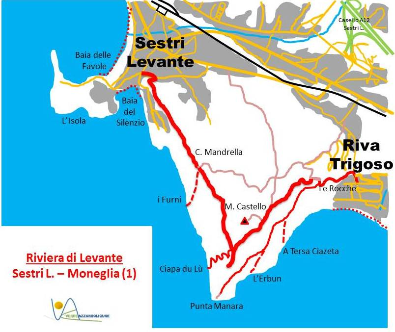 Un lido particolare è accessibile via terra tramite il sentiero verdazzurro, che salendo da Moneglia giunge fino alla Cresta di Comunaglia.