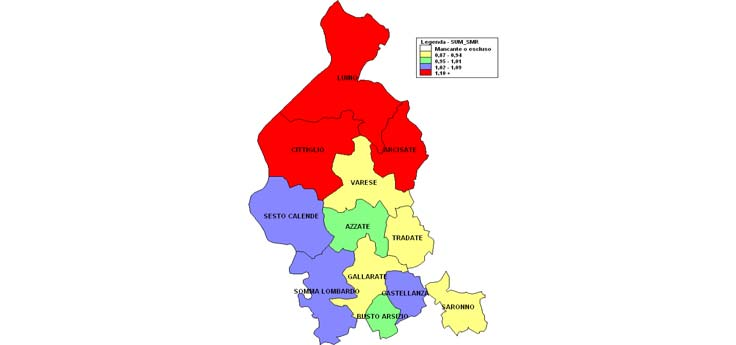 Figura n. 5 ASL della Provincia di Varese: mortalità nel 2013. Distribuzione in quartili degli SMR per tutte le cause nei 12 Distretti Socio Sanitari Figura n.