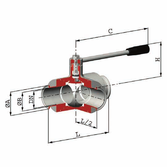 Art. VVS 575 Valvola a sfera a tre vie 4 guarnizioni Clamp con foratura a T e L Three-way ball valve 4 seals Clamp with T and L port Versione L L version Versione T T version Dimensions DN L ØA B C H