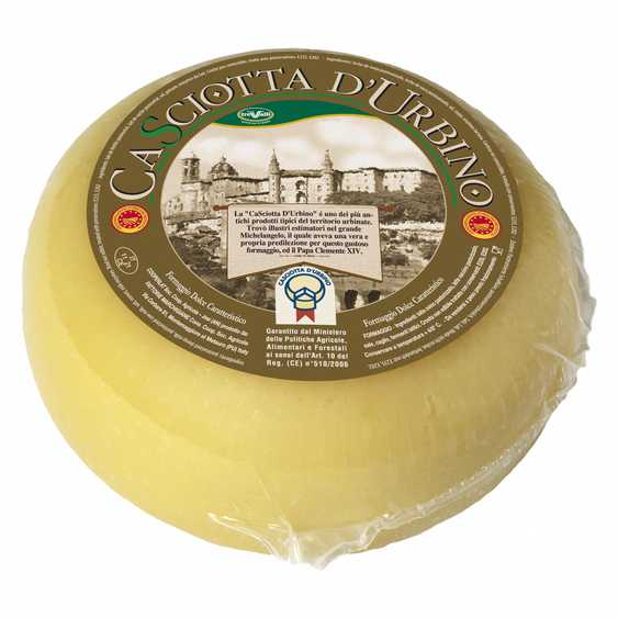 13,40 al kg CASCIOTTA D'URBINO DOP Confezione 800 gr La Casciotta d'urbino è un formaggio a pasta semicotta prodotto con una miscela di latte ovino (70-80%) e latte vaccino (20-30%) interi