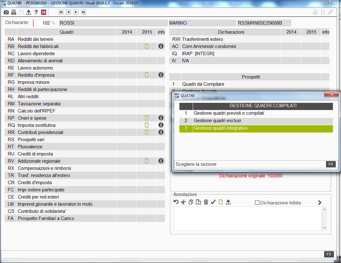 compilare, sezione Quadri per integrativa.