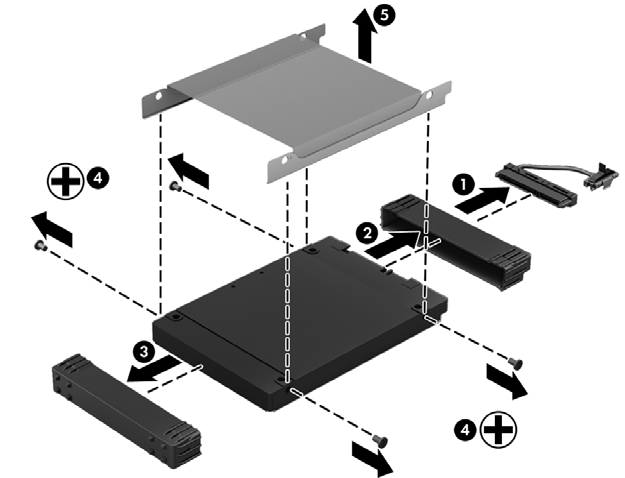 7. Rimuovere le 4 viti (4) dell'unità disco rigido, quindi rimuovere la staffa (5) dall'unità disco rigido. Per installare l'unità disco rigido, eseguire questa procedura al contrario.