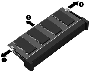 b. Afferrare il modulo per il bordo (2) ed estrarlo delicatamente dallo slot. ATTENZIONE: Per evitare di danneggiare il modulo di memoria, fare attenzione ad afferrarlo solo per i bordi.