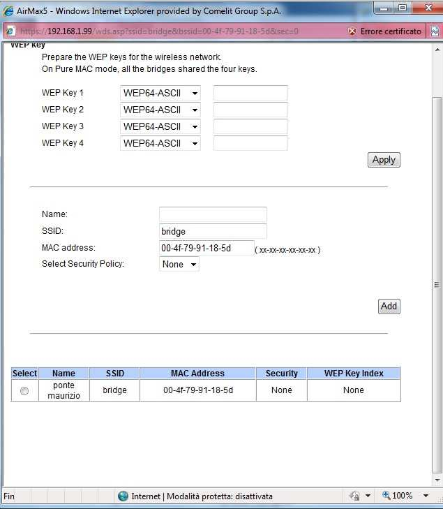 Ripetere la stessa operazione per gli altri dispositivi fino ad un massimo di 4 per ogni ponte per un totale di massimo 8 dispositivi collegati tra loro in wifi.