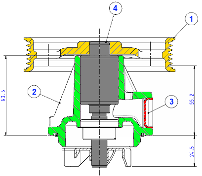 24-0887 1-Puleggia realizzata in lamiera composta da due parti: il mozzetto. di piantaggio e la parte scanalata. 1-Metal sheet pulley made of two parts: the hub and the grooved side.