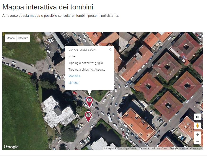 VISUALIZZAZIONE SU MAPPA Cliccando su un segnaposto si ottengono le informazioni associate al tombino.