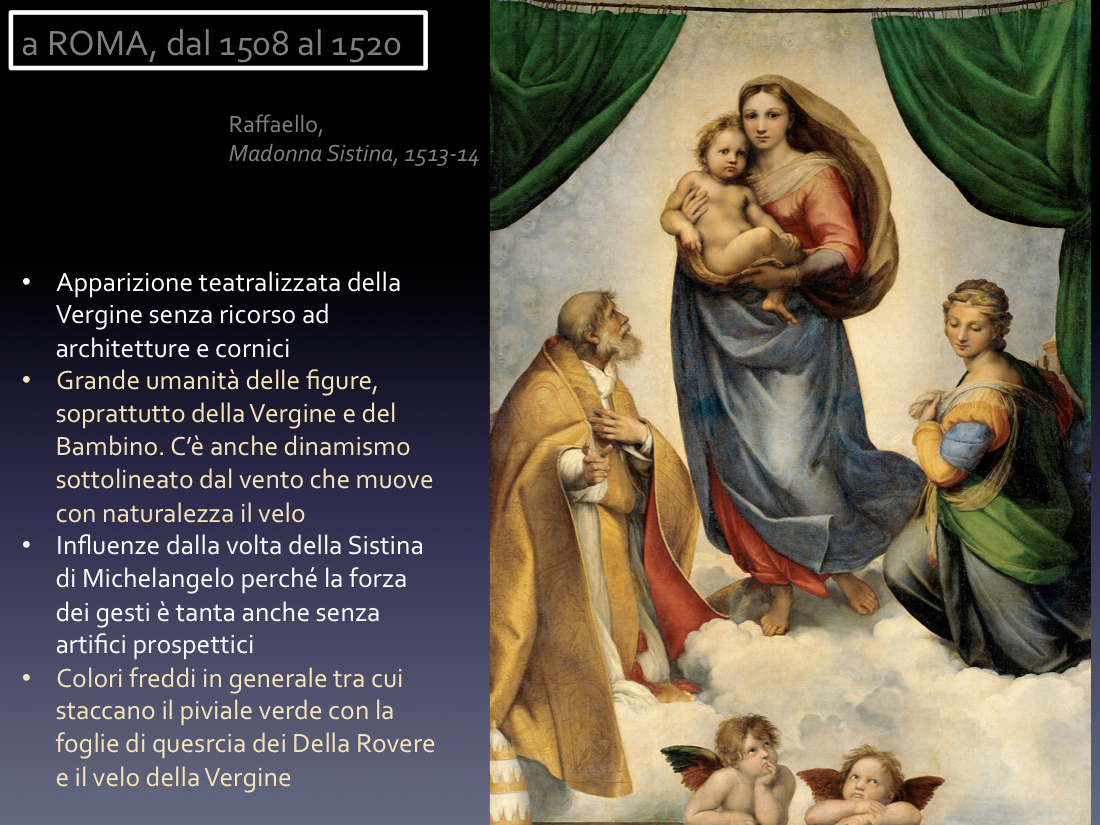 In quest olio su tela Raﬀaello rappresenta una sacra rappresentazione tra la Vergine e il bambino, S. Sisto e S. Barbara.