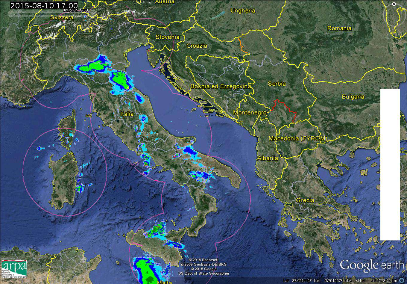 Figura 8: Mappe di precipitazione cumulata oraria, in mm, del composito radar fornito dal Dipartimento di Protezione Civile Nazionale del 10/08/2015 alle 15 UTC (a sinistra) ed alle 17 UTC (a destra).