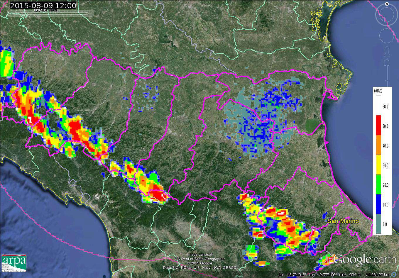 Figura 9: Mappe di riflettività del 09/08/2015 alle 11:15 UTC (a sinistra) ed alle 12:00 UTC (a destra).