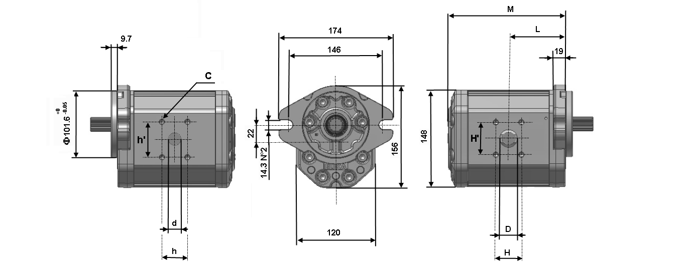 ELI3A Mandata Aspirazione Pompa Portata Pressioni di lavoro Velocità di rotazione Rumorosità a 1500 giri/min * Dimensioni Tipo Cilindrata a 1500 giri/min P1 Max cont. P2 Max intermitt.