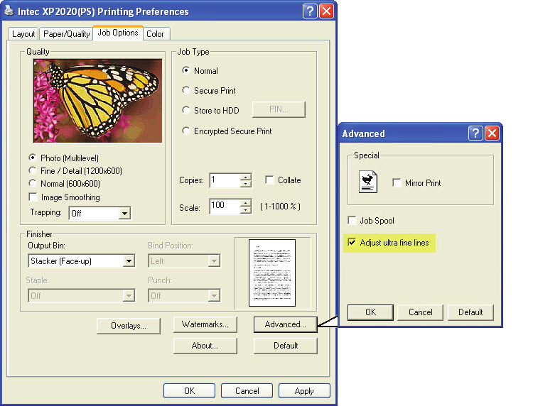 In tal caso, disattivare l'opzione Regola linee ultrasottili. WINDOWS. Nella scheda Opzioni processo del driver fare clic su Avanzate. WINDOWS PS.