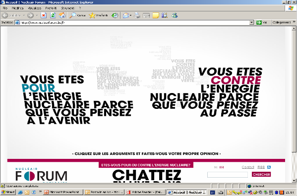 Sito web Il sito web apre con una serie di opzioni, a favore e contro l energia nucleare.