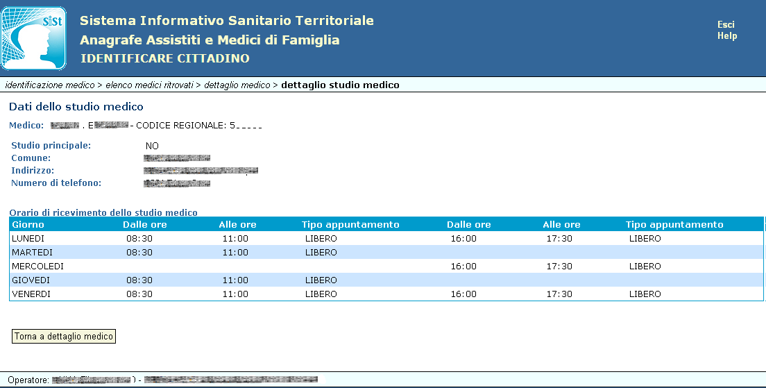 Cliccando il tasto Informazioni studio medico è possibile visualizzare i dati degli eventuali studi professionali in cui riceve il medico di base e degli orari di