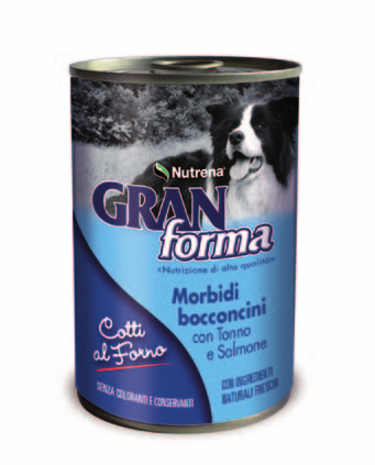 Bocconcini morbidi con Tonno e Salmone Nutrena ha ideato GranForma Dog Bocconcini morbidi con Tonno e Salmone, gustosi bocconi ricchi di fresche carni di tonno e salmone, importanti per l elevato