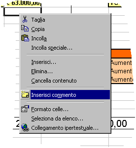 Aggiungere un commento ad un dato Dal menù a scelta rapida