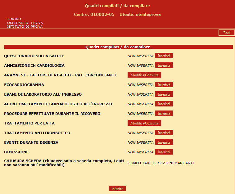 Figura 4 (Elenco sezioni scheda, Dati CRF basale) All interno delle singole sezioni, dove ritenuto opportuno, sono presenti dei pulsanti di Help che