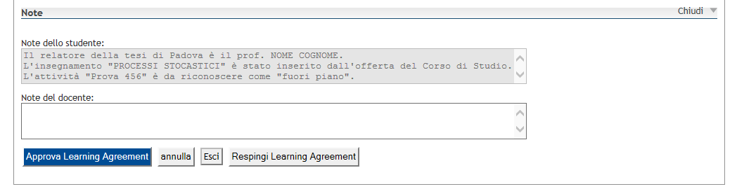 5) Dopo aver cliccato su Approva Learning Agreement oppure su Respingi Learning Agreement viene richiesta una ulteriore CONFERMA nella schermata successiva.