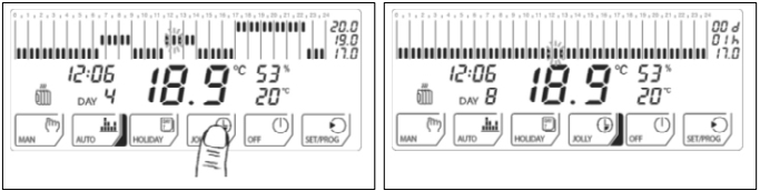 Modo di funzionamento Jolly Con il modo di funzionamento Jolly il cronotermostato K492 interrompe il modo di funzionamento in corso e regola il funzionamento dell impianto di riscaldamento o