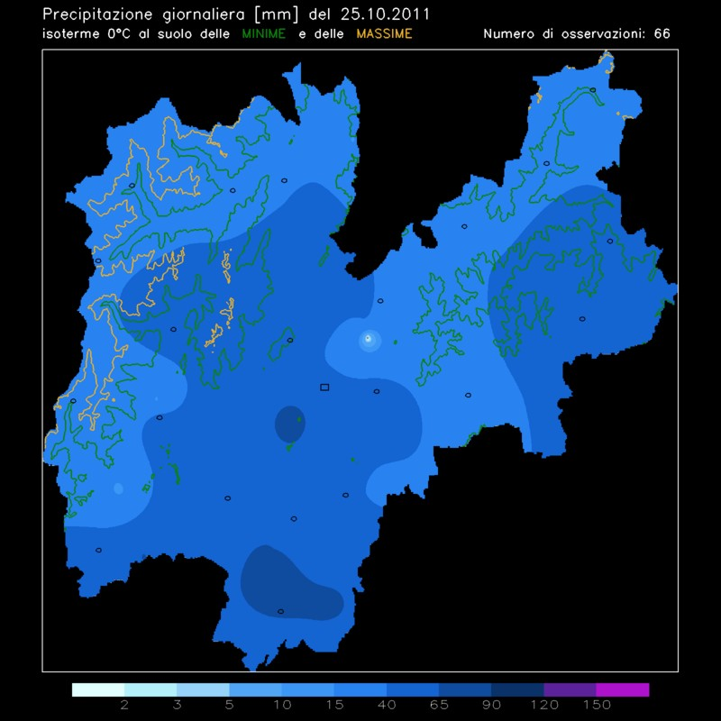 Figura 3. Precipitazioni cumulate nella giornata del 25ottobre 2011 (mm). I DATI REGISTRATI In figura 3.