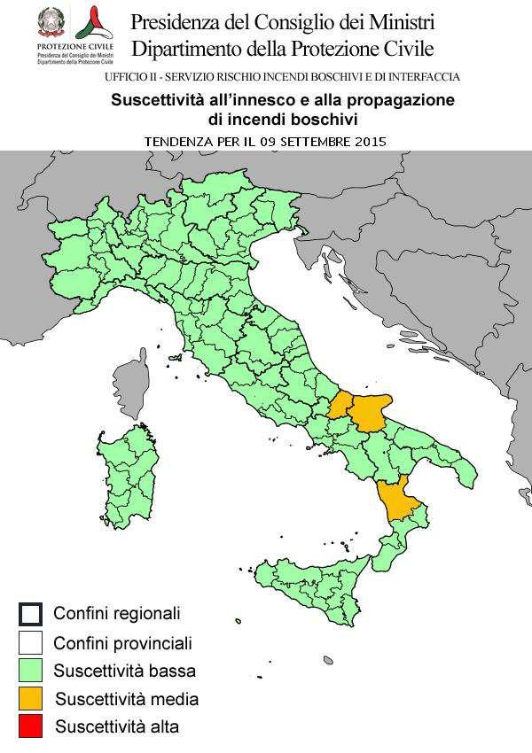 CONDIZIONI DI SUSCETTIVITA' ALL'INNESCO E ALLA PROPAGAZIONE DI INCENDI BOSCHIVI PREVISTE PER IL 09 SETTEMBRE 2015 BASSA MEDIA ALTA VALLE D'AOSTA AO PIEMONTE LOMBARDIA TRENTINO A. A. VENETO FRIULI V.