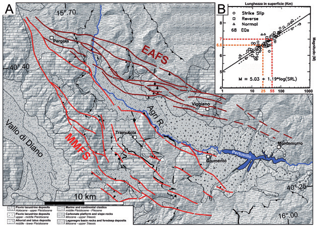 Fig. 4 Mappa dell Alta Val d Agri (riquadro nero tratteggiato in figura 3B) con evidenziati i due sistemi di faglie, Monti della Maddalena Fault System (MMFS) e Eastern Agri Fault System (EAFS) (A).