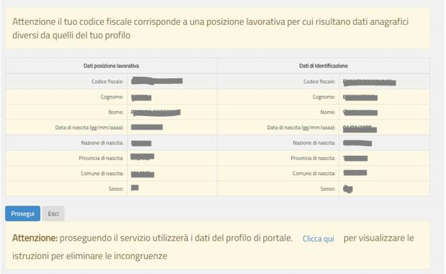 Se nel controllo di congruenza con i dati anagrafici dell eventuale posizione lavorativa del Fascicolo del personale, il sistema riscontra che al codice fiscale corrisponde una posizione attiva con