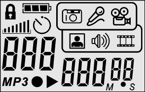 1 Presentazione del display LCD 1. Livello di carica delle batterie 2. Bloccato 3. Livello del volume 4. Autoscatto 5. Contapose 6. MP3 7.