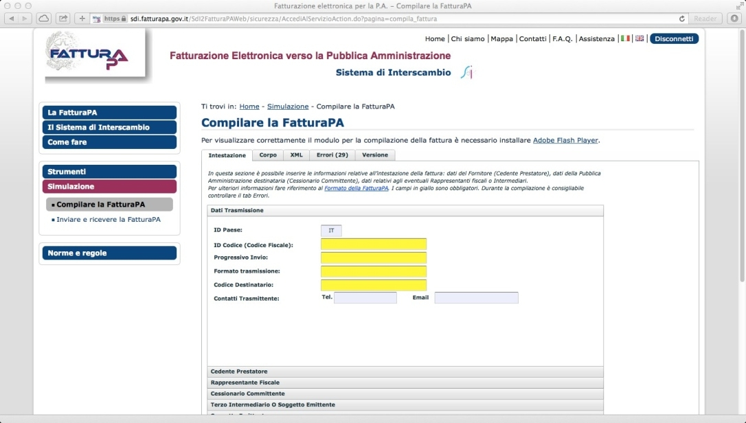 Modalità operative per la creazione e l'invio della fattura elettronica PA tramite http://www.fatturapa.gov.it N.B.