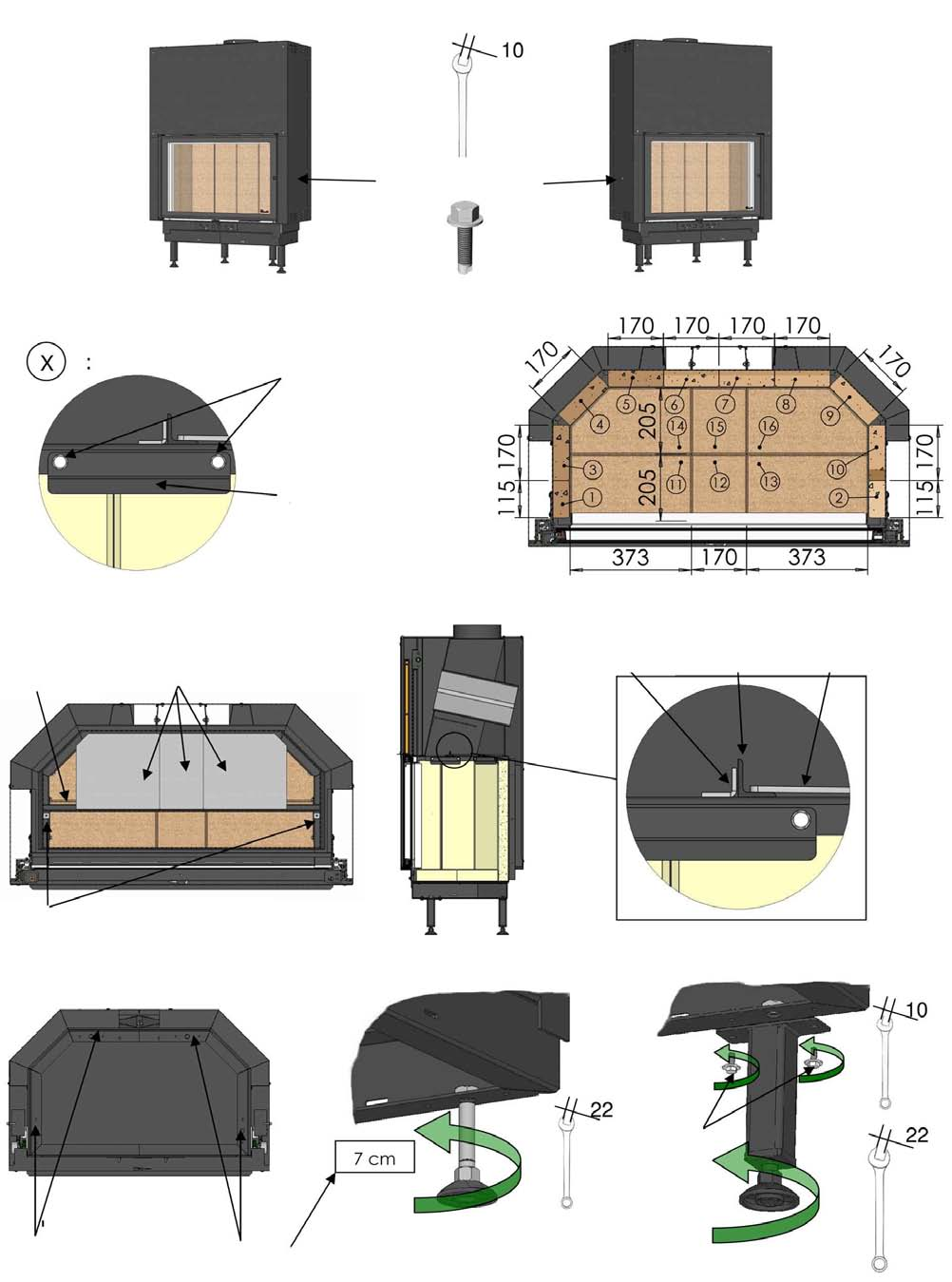 03 Monoblocchi DESIGN in acciaio e refrattario Sbloccaggio sicurezza DESIGN D1200 Prima di installare il focolare ricordatevi di togliere le viti che bloccano il movimento verticale della portina,