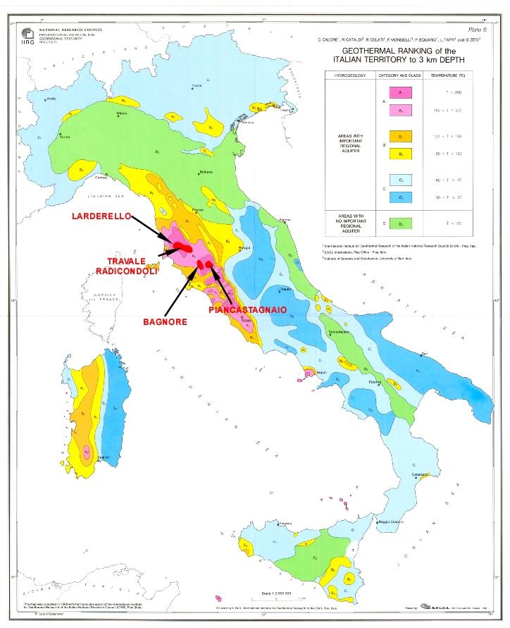 profondità < 3 km, e temperature > 150 C B: aree con almeno un acquifero a profondità < 3 km, e temperature che variano tra 150 e 90 C C: aree con