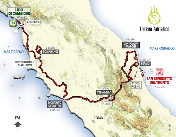 PERCORSO TIRRENO-ADRIATICO NAMEDSPORT Si inizia con la cronosquadre del Lido di Camaiore, piatta e velocissima con praticamente solo quattro curve (vinta nell ultima edizione dalla BMC Racing Team);