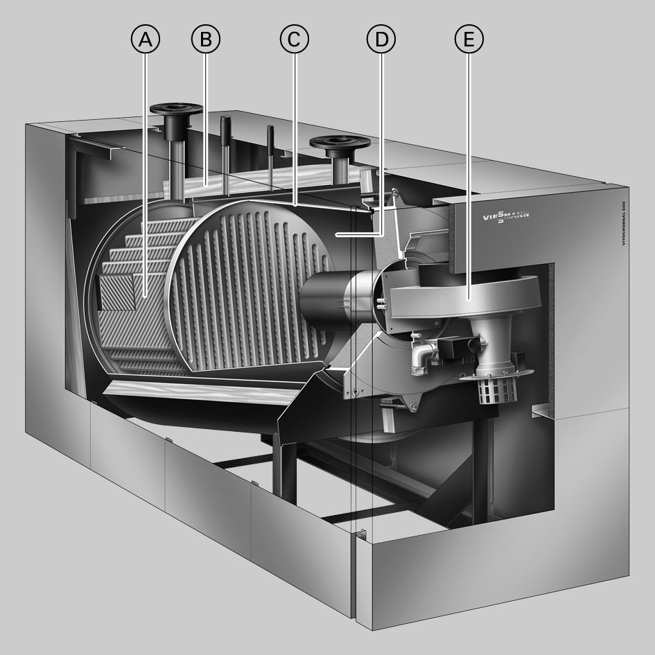 In sintesi le caratteristiche principali Caldaia a condensazione con bruciatore a gas, da 400 a 620 kw, con possibilità di installazione in cascata fino a 1240 kw.