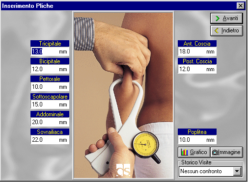 Inserimento delle Pliche Schermata adibita all inserimento dei dati plicometrici del paziente. La richiesta varia in funzione della formula selezionata precedentemente.