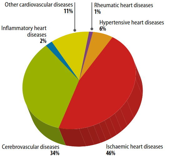 Fig. 2: distribuzione mondiale delle morti per CVDs rispetto a d ischemie miocardiche, patologie cerebrovascolari ed altri tipi di patologie cardiovascolari, negli uomini (anno 2008).
